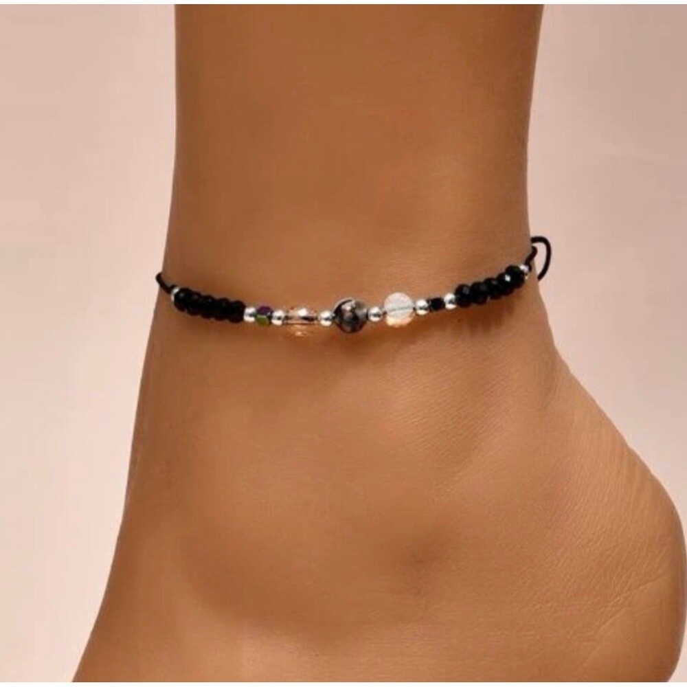 NWT Black Silver Beaded Ankle Bracelet Adjustable